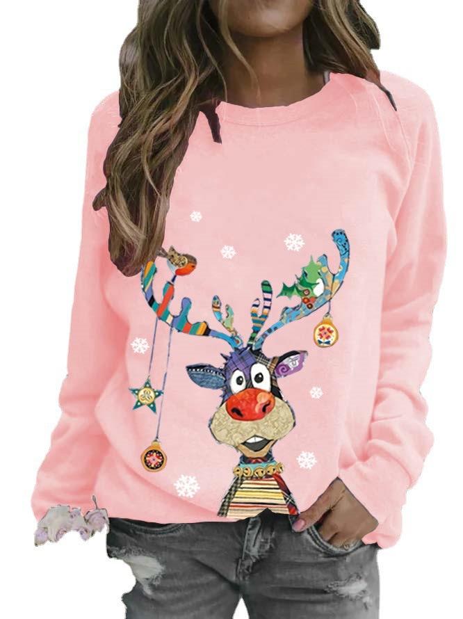 Women'S Cartoon Elk 3D Printing, Christmas Couple Personality Long-Sleeved Street Crew Neck Sweater