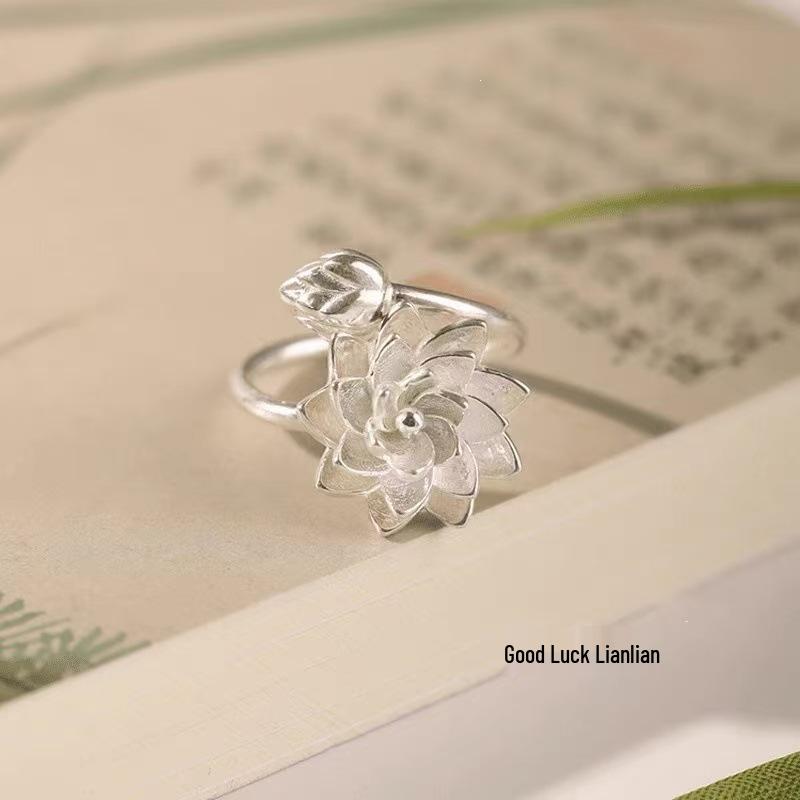 Lotus Pure S925 Silver-Plated Women's Adjustable Retro Ring - Light Luxury, Versatile Niche Design.