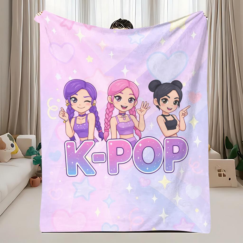1pz Coperta in Flanella con Stampa Trio di Ragazze Anime K-Pop, Morbido Plaid Accogliente per Letto, Divano, Camera dei Bambini e Regalo per Fan K-Pop