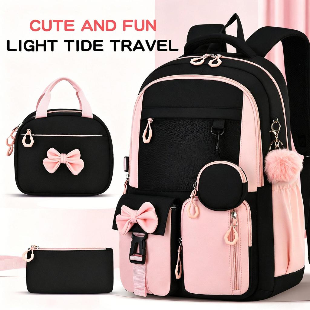 New Large Capacity Three-Piece Bow Backpack Set for Girls - Ideal for Junior High, High School, and College Students