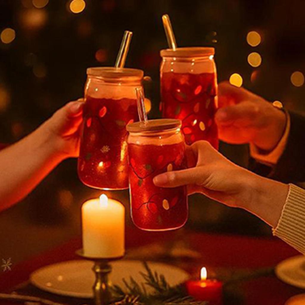 Upgraded Color Changing Christmas Cup,Cute Color Changing Glass Cup With Leakproof Lid Glass Straw And Straw Lid Xmas Gift