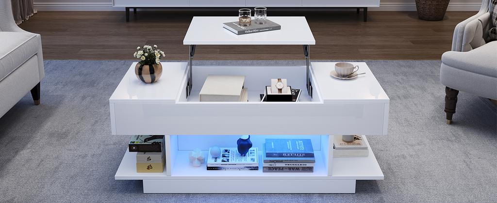 98*45*40cm Lift Coffee Table with Lift Tabletop, Height-Adjustable, 2 Flip-Top Cabinets, Semi-Open Storage, High-Gloss, LED, White
