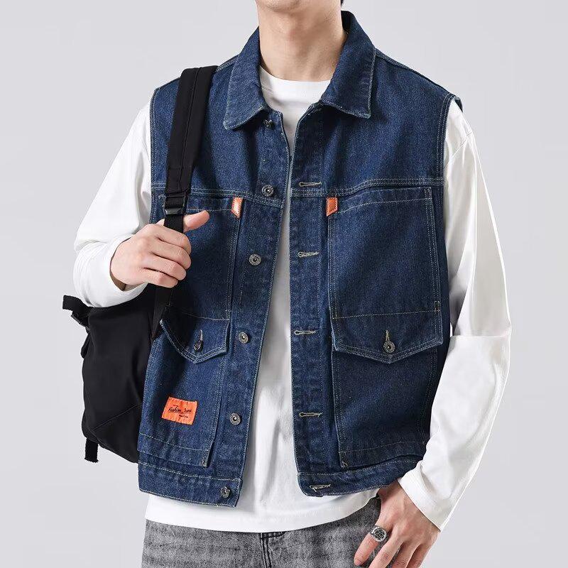 

Мужской жилет из денима с несколькими плечами в стиле ретро в японском стиле - модный свободный покрой BF Casual 4XL синий