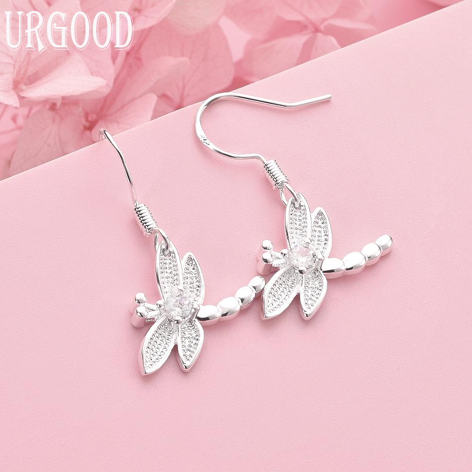 

925 Sterling Silver Dragonfly Pendant Pierced Earrings Wedding Jewelry 3.00*1.70cm