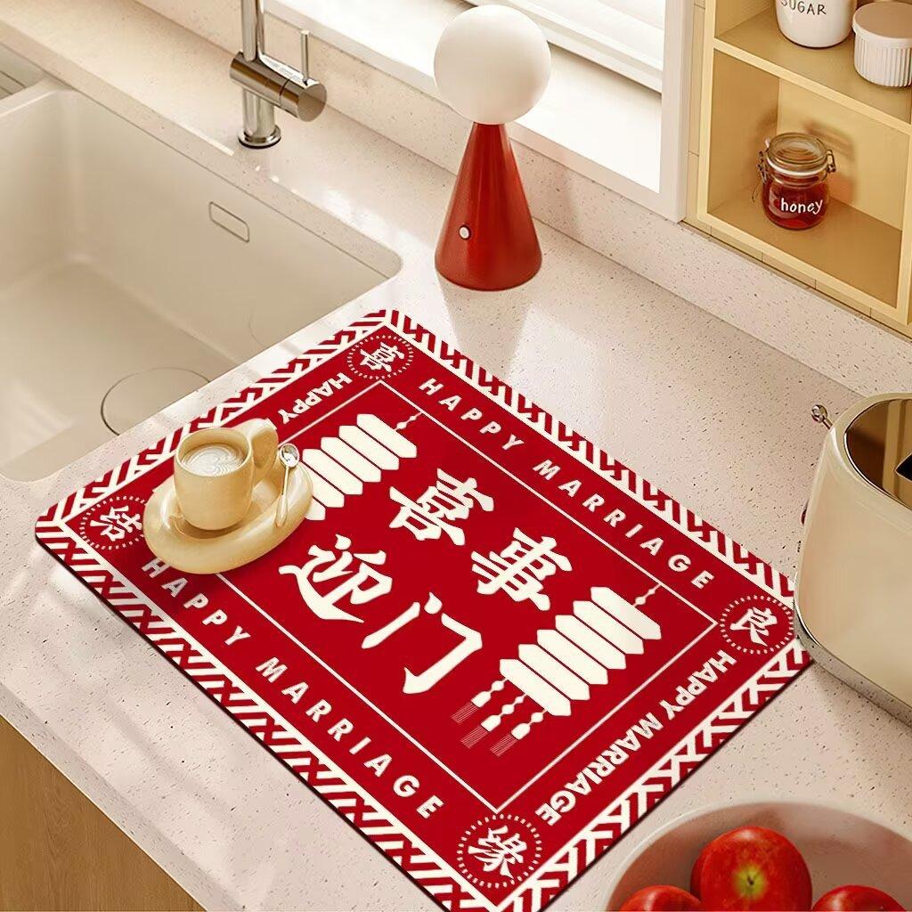 Wedding Drain Mat Red Festive Absorbent Soiled Mat Wash Table Technology Velvet Absorbent Coaster Bowl Mat