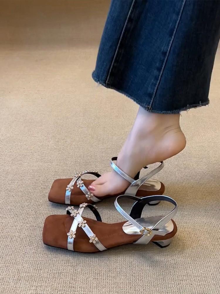 

French rhinestone flower with square head sandals women s summer temperament versatile skirt high heels 40