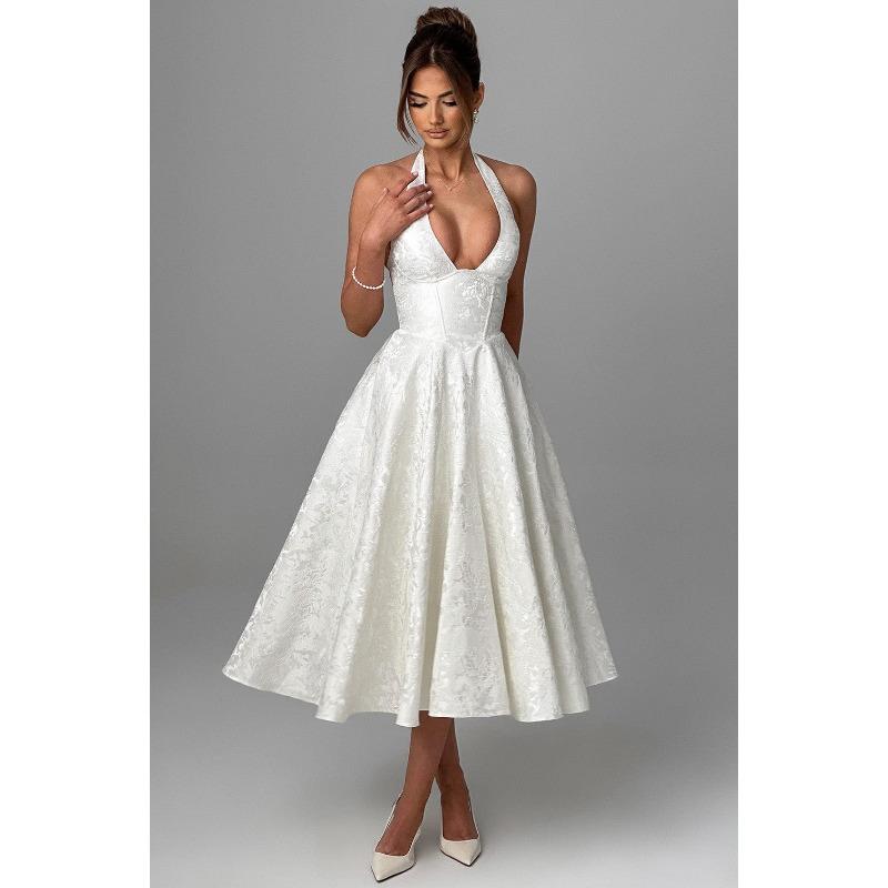 Sexy Elegant V Neck Halter High Waist A Line Long Evening Party Dress