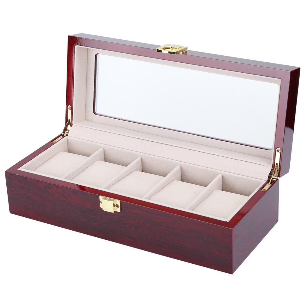 Wooden 5 Grid Watch Display Box Transparent Window AntiSlip Watch Storage Box