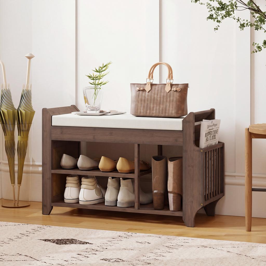 Shoe Bench 2-Tier Boot Section Entryway Storage Bench Cushioned Seat 80 X 30 X 50 Cm Dark Brown and Cream