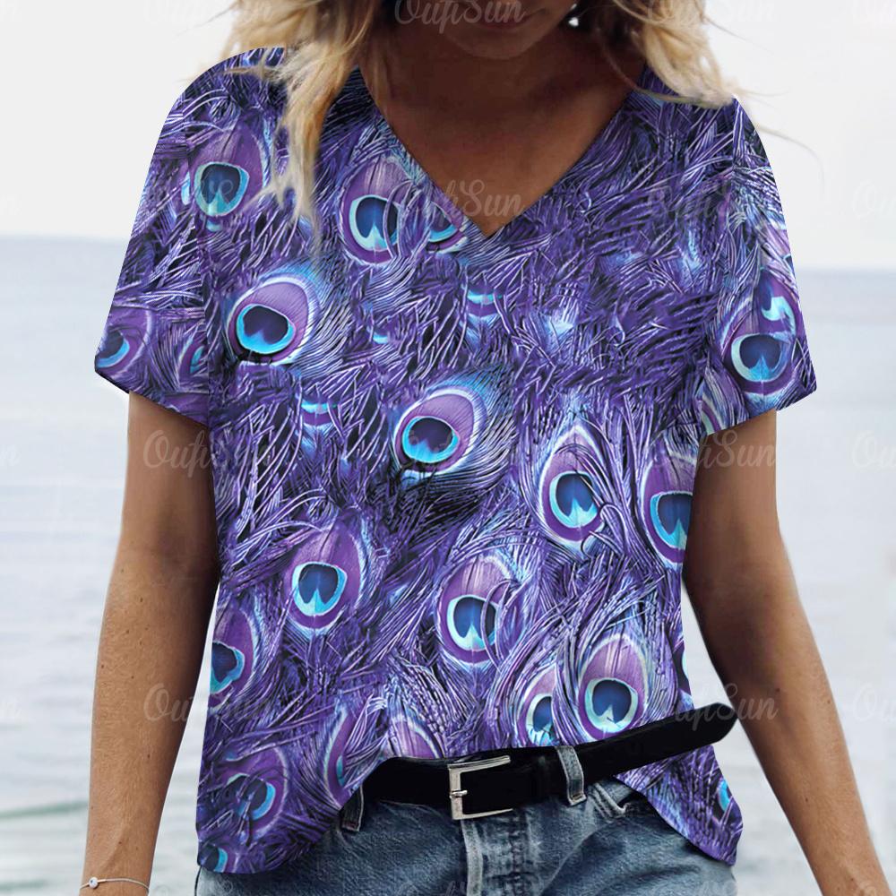 2024 New Women T-shirt Peacock Feather Print Plus Size Top Summer Women's Trend Clothing Fashion Short Sleeve Shirt V-Neck Tees