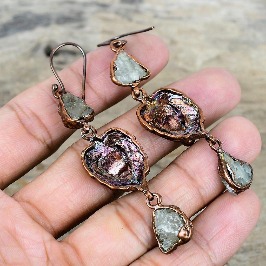 Aquamarine Rough Earring Electroformed Copper Earrings Gemstone Handmade Jewelry Lion Face Earring Beautiful Copper Jewelry Gifts for Mother