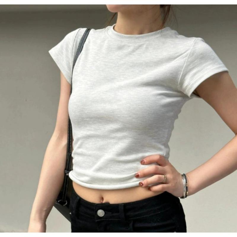 Women Round Neck Solid Ribbed High Stretch Short Sleeve Tight Fit Sexy Basic Tee Figure Flattering Casual Layering Top