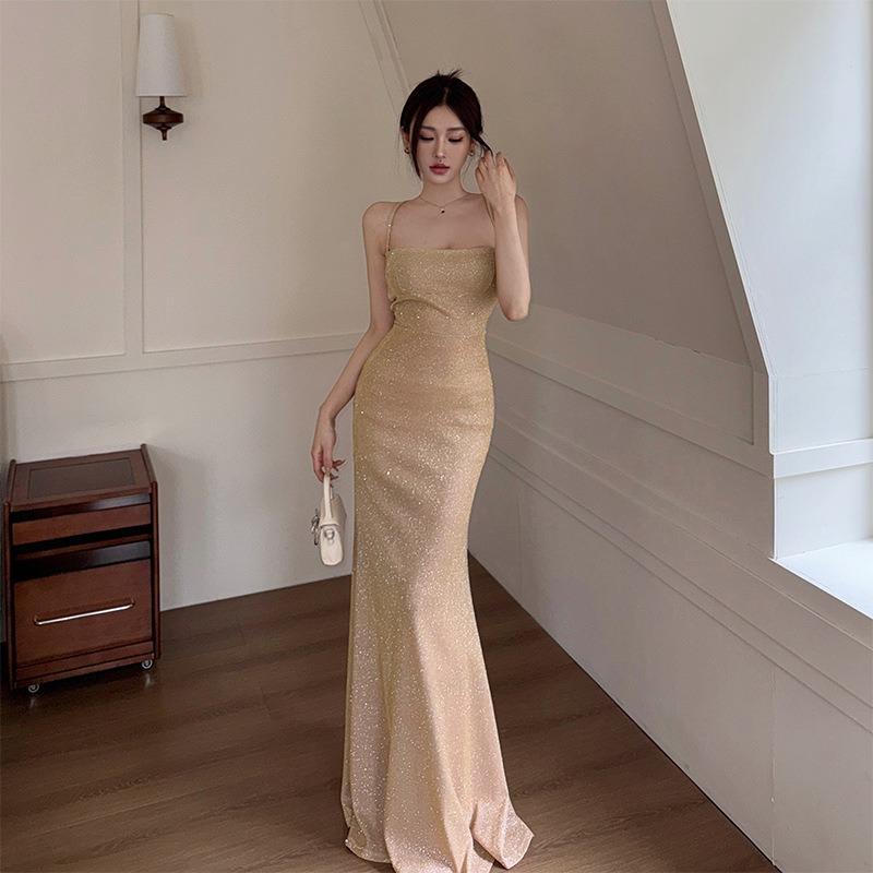 Ilya Sexy Backless Strap Fishtail Evening Dress Women, Autumn Hip-wrapped Suspender Dress