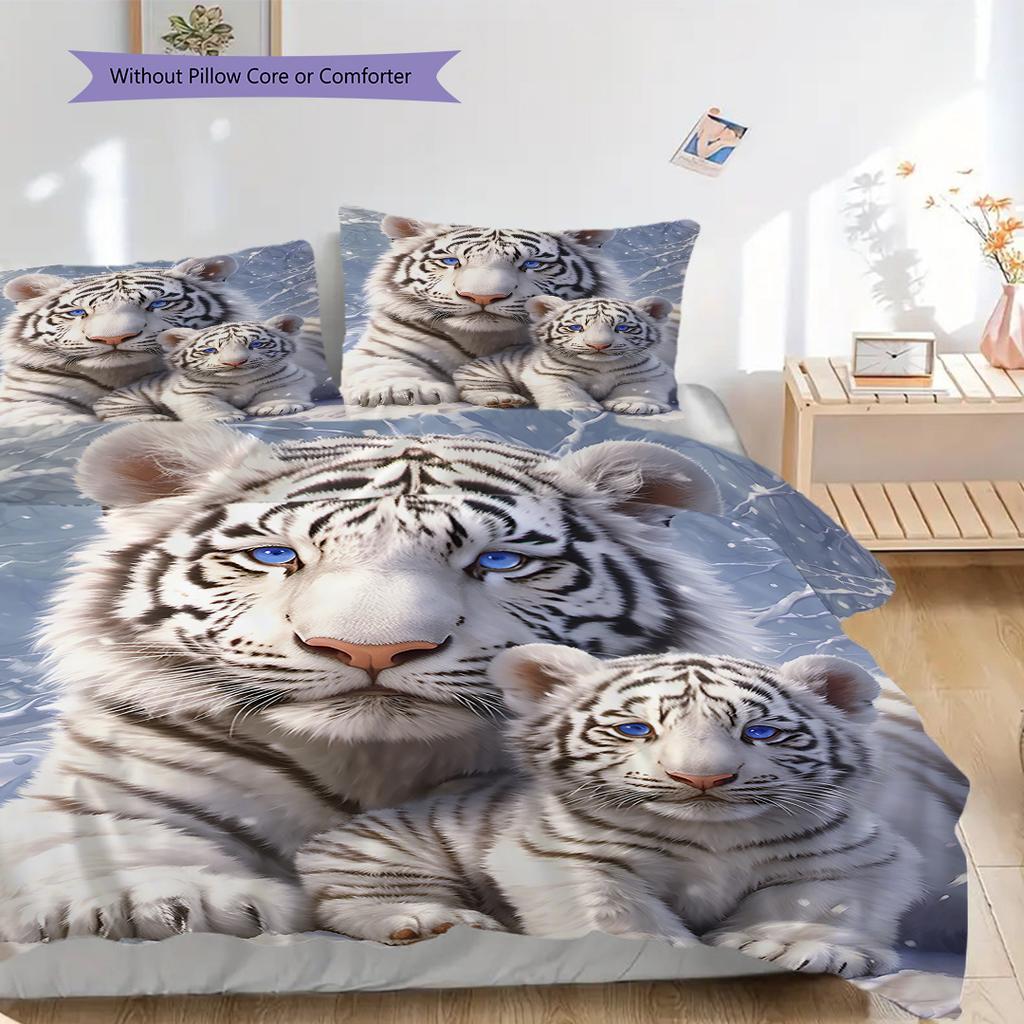 White Tiger Pattern Bedding Quilt Set Quilt Cover Pillowcase Home Decoration Birthday Gift (1 * Duvet Cover + 2 * Pillowcase, Without Core)