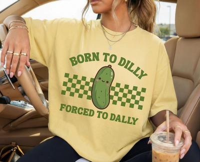 Funny Pickle Shirt, Born To Dilly Forced To Dally, Food Pun Shirt, Unisex Comfort Colors Summer Graphic T-shirt, Gift for Pickle Lovers