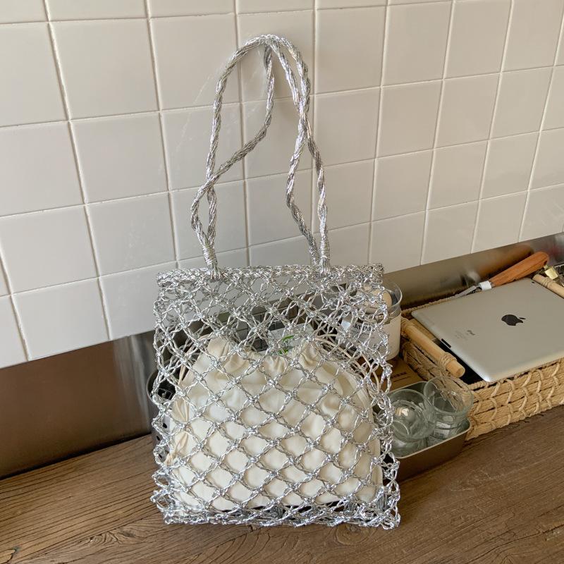 

Large capacity hollow bag women s new gold and silver thread tote woven bag portable shoulder beach bag tide