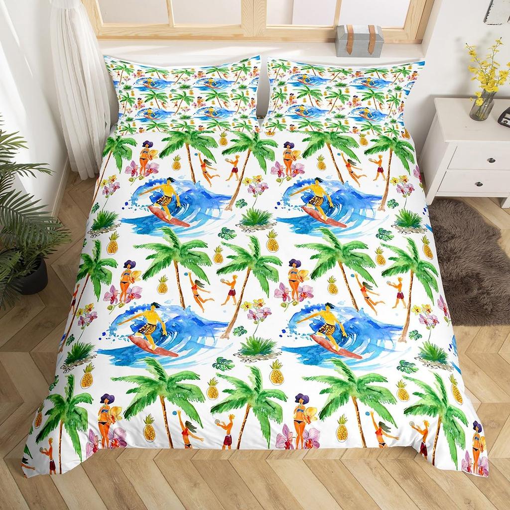 Comforter Coconut Trees Vintage Red Flower Hawaiian Tropical Leaves Comforter Palm Tree Bedding Set With