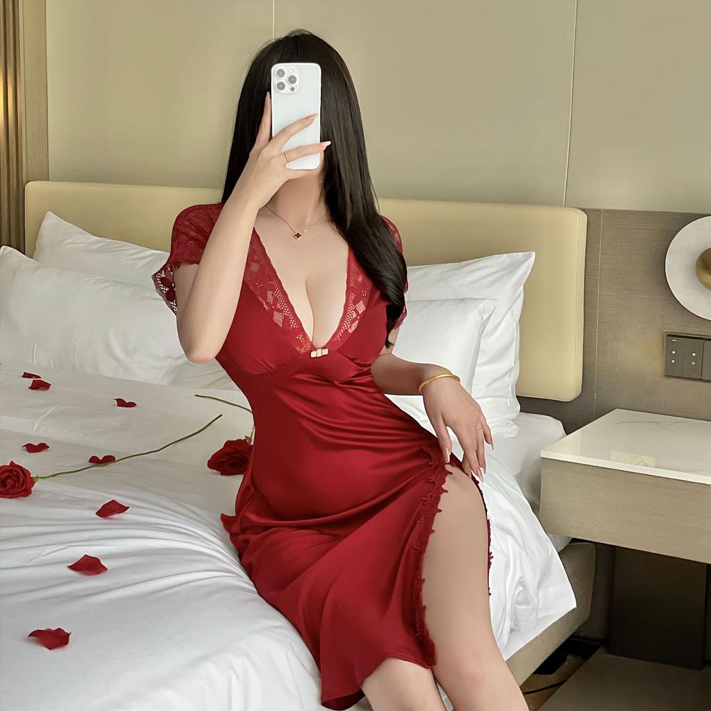 Sexy Ice Silk High Slit Nightgown Backless Lace Patchwork Slim Fit Cami Pajamas Women's Long Dress 447 Bold Alluring Sleepwear Skin-Friendly Feel