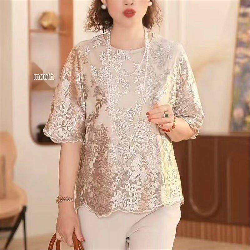 

2024 Summer Ice Silk T-Shirt for Fashionable Middle-Aged Mothers 3XL
