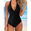 Solid Color Sexy One-piece Swimsuit, Halter V Neck Tummy Control High Cut Bathing Suits, Women's Swimwear & Clothing
