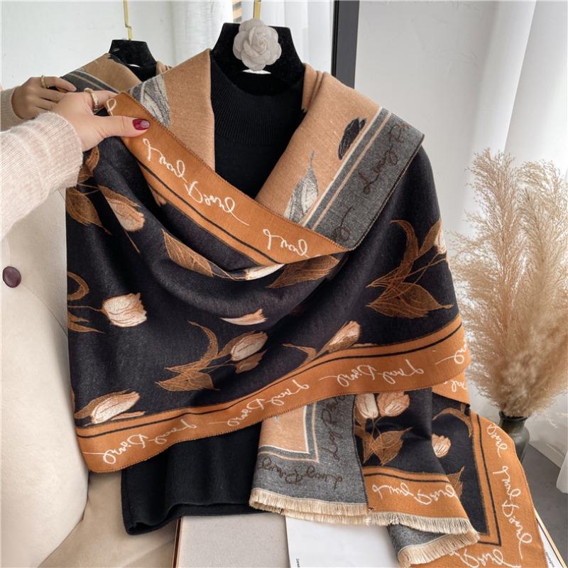 New Tulip Flower Scarf Women's Imitation Cashmere Autumn and Winter Thickened Warm Dual-purpose Long Shawl