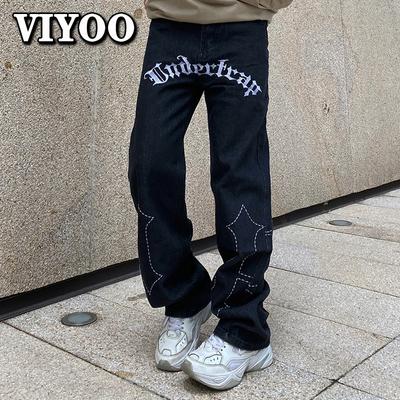 Model de broderie cu litere retro Harajuku pentru bărbați, blugi gotici largi Y2K rupti pentru bărbați, pantaloni casual, drepti, negri, denim, pantaloni pentru bărbați