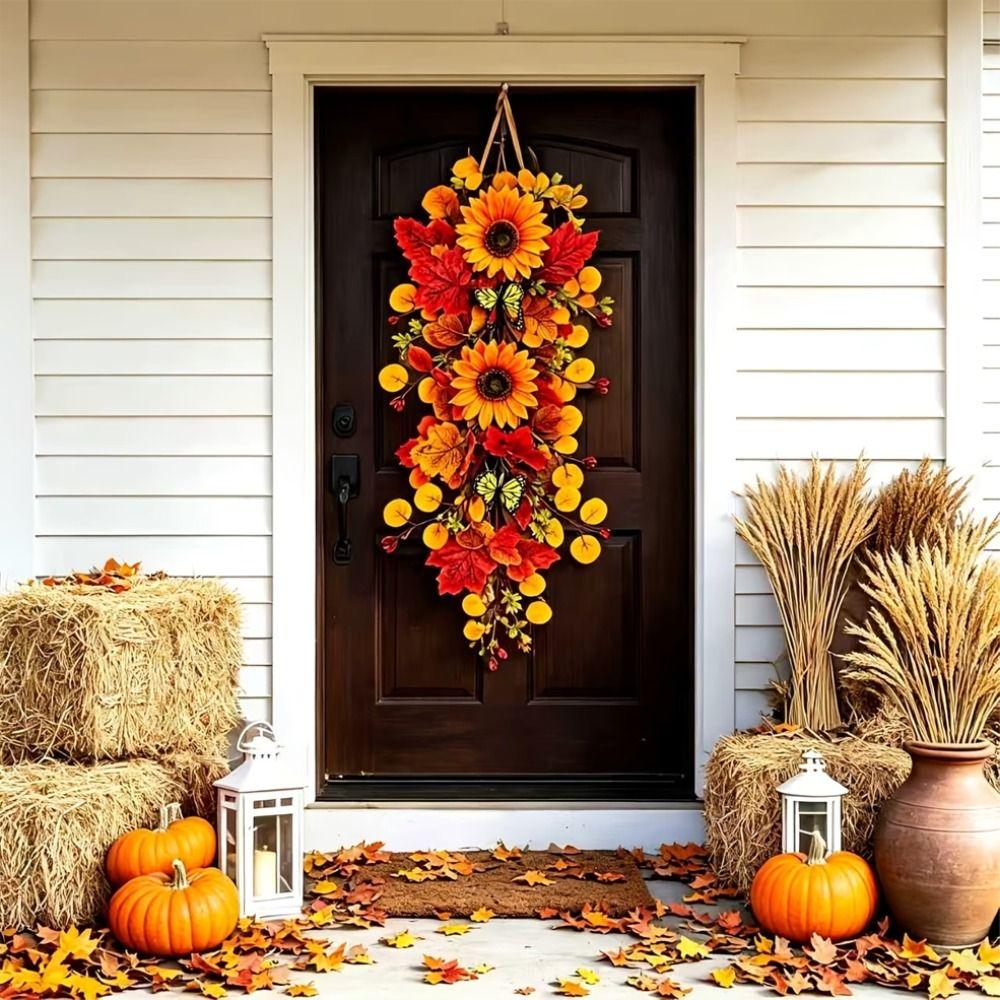 Lifelike Sunflower Wall Hanging Wreath with Butterfly Floral Maple Leaf Ornament  Front Door