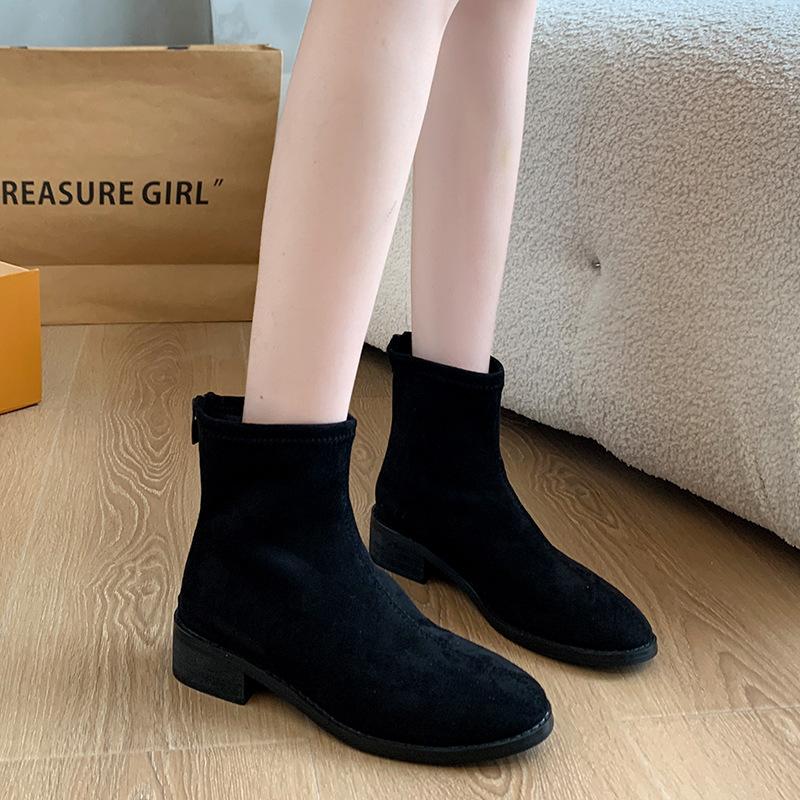 Skinny suede pointed autumn elastic thin boots women's large size temperament thick heel retro short Martin boots tide