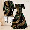 Women Plus Size Two Piece Set Printed Square Neck Short Sleeve Tie Waist Flared Dress With 3 4 Sleeve Cardigan Black Green Gold