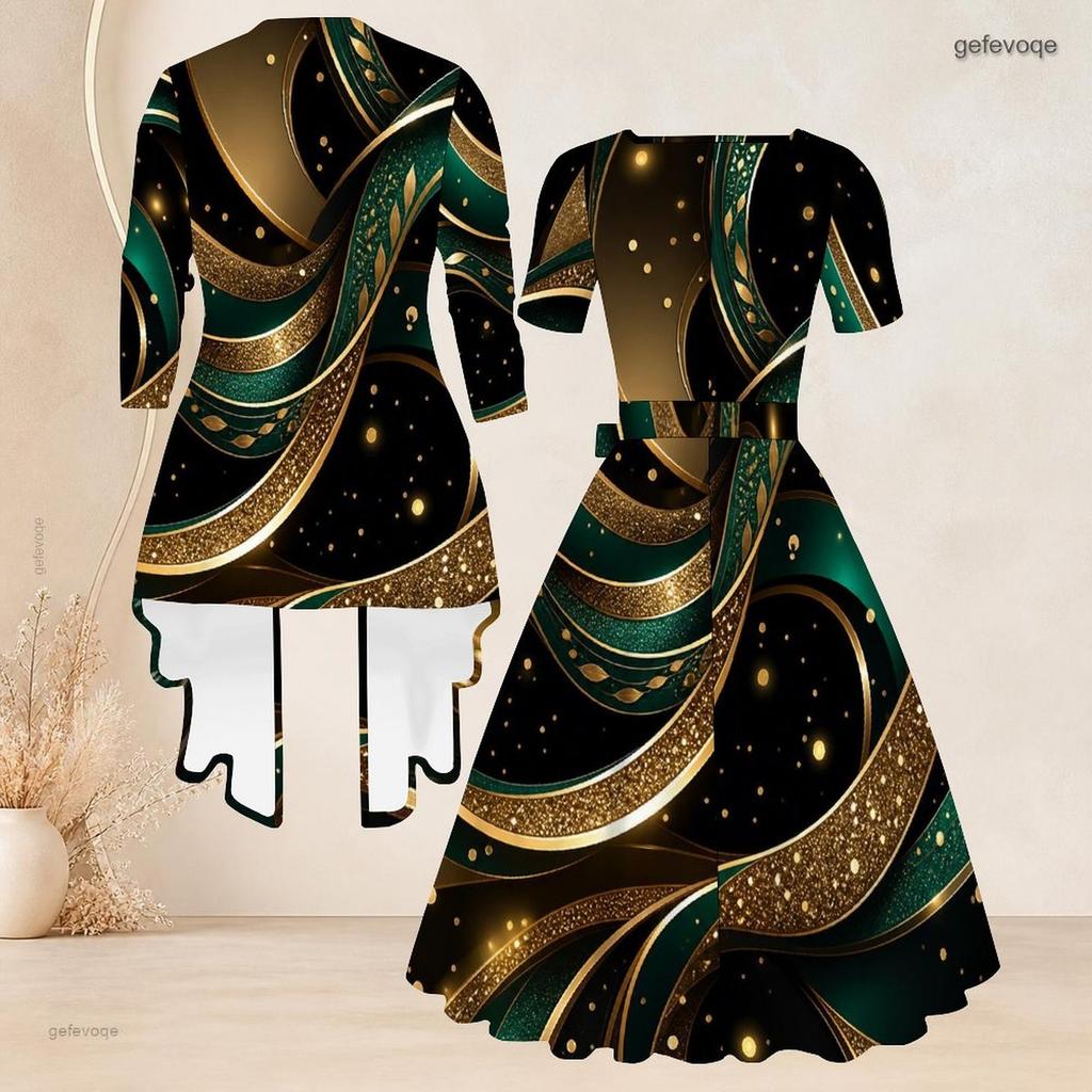 Women Plus Size Two Piece Set Printed Square Neck Short Sleeve Tie Waist Flared Dress With 3 4 Sleeve Cardigan Black Green Gold