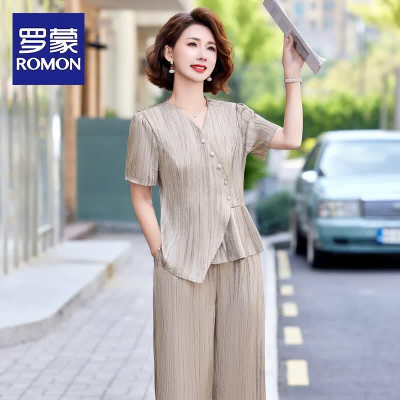 ROMON Women s New Chinese Style Summer Short Sleeve Two-Piece Set 2XL