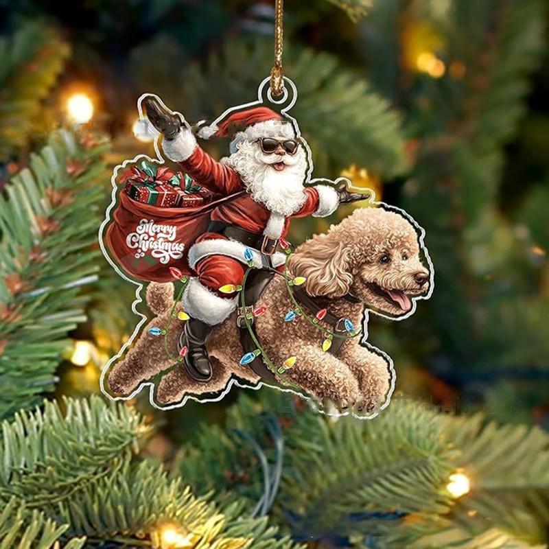 2026 Santa Claus And His Funny Dog Ornament 2D Flat Acrylic Pendant Christmas Decoration For Home Xmas Tree  Year Kerst