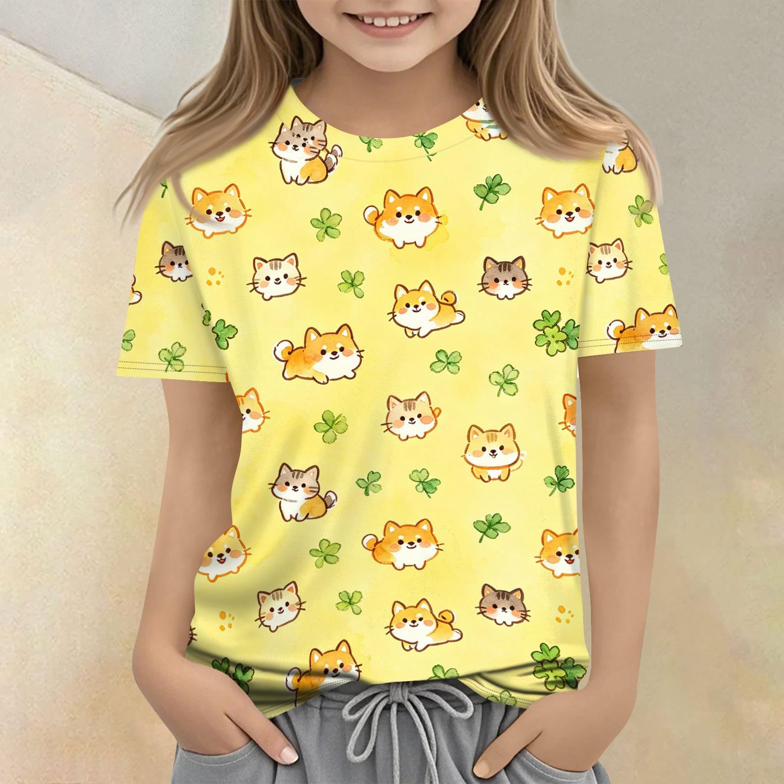 

Kids Animal Print Crew Neck Short Sleeve T Shirt Casual Loose Fit Top for Boys Girls Soft Comfortable Fabric 160 жовтий