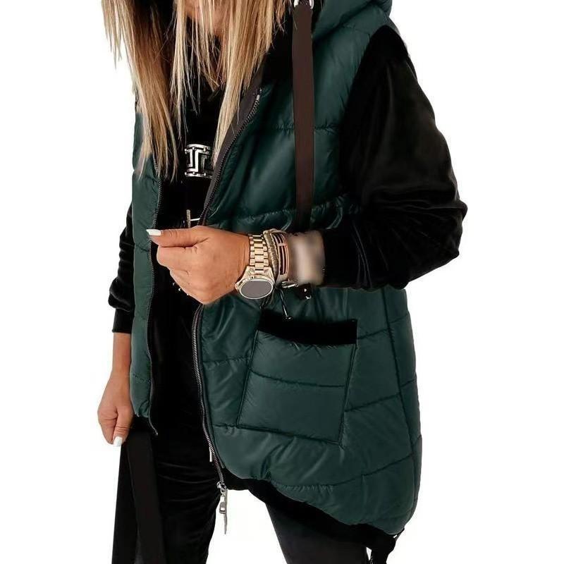 Womens Oversized Hooded Puffer Vest With Dual Front Pockets Winter Warm Cotton Blend Sleeveless Coat