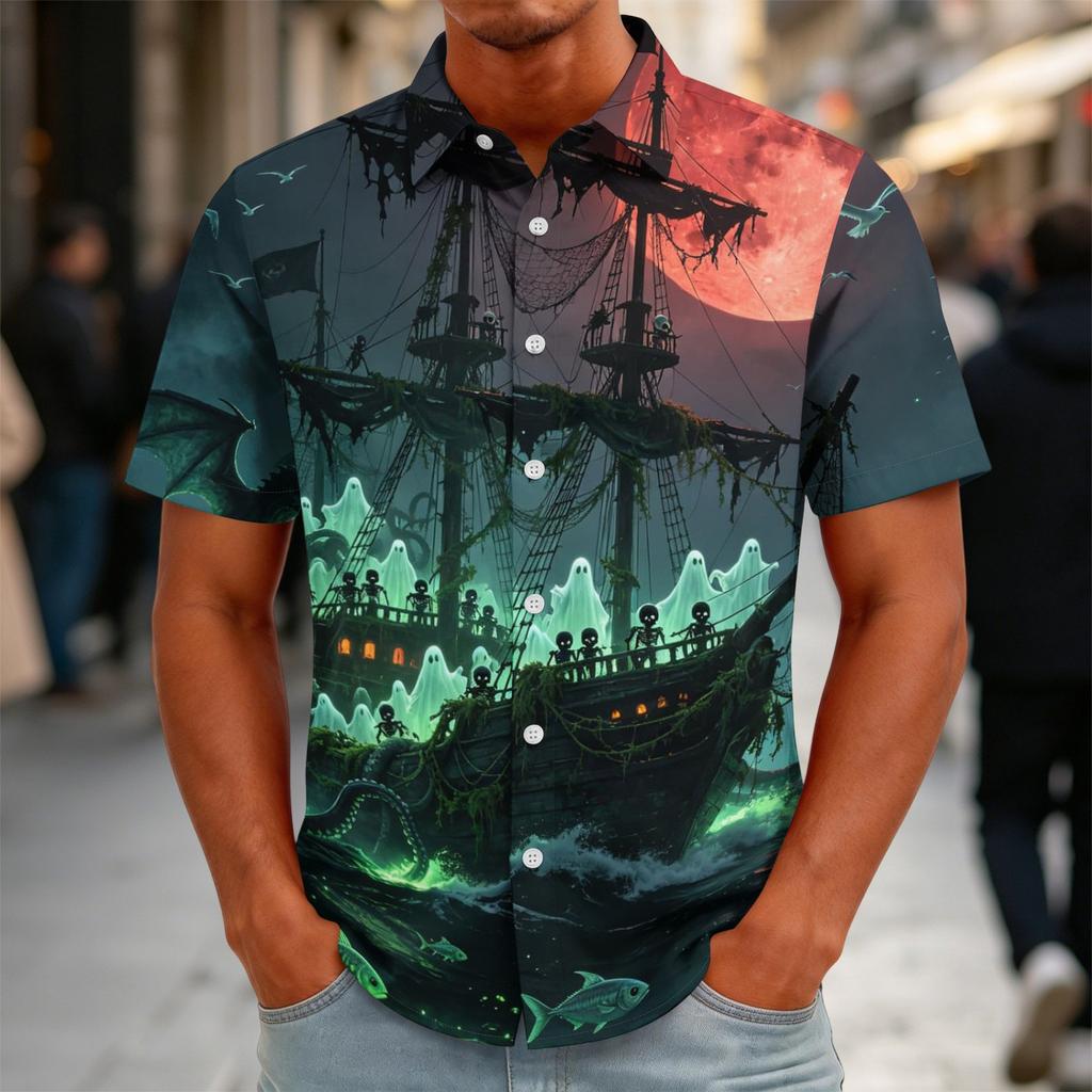 Herren Halloween Bedrucktes Vintage Textur Hemd Locker Atmungsaktiv Kurzarm Knopfleiste Lässiges Streetwear Oberteil für den täglichen Gebrauch
