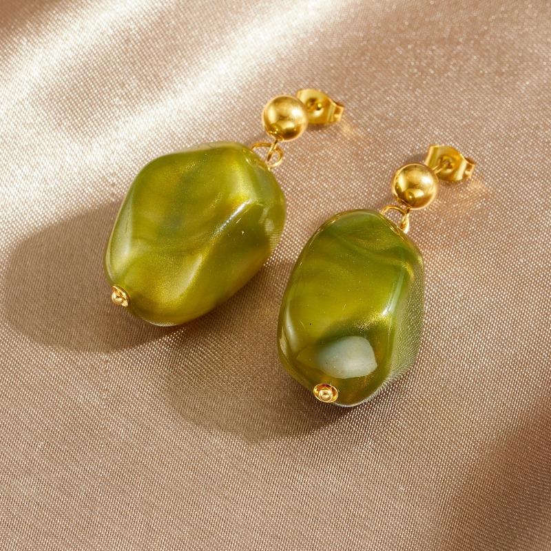 Gold Ball Stud Drop Earrings with Olive Green Resin Charm for Women