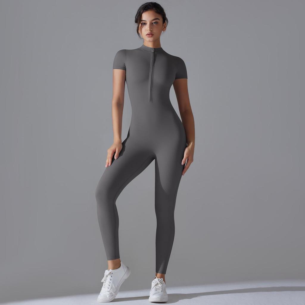 European-American Open-Neck Zipper Jumpsuit: Sexy, Tight-Fitting Short-Sleeve Dance & Yoga Bodysuit for Women
