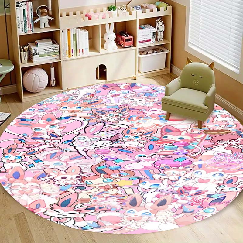 Kawaii Sylveon Theme Round Area Rug Pink Fairy Pattern Circular Rug Kids Girls Bedroom Gamer Room Decor