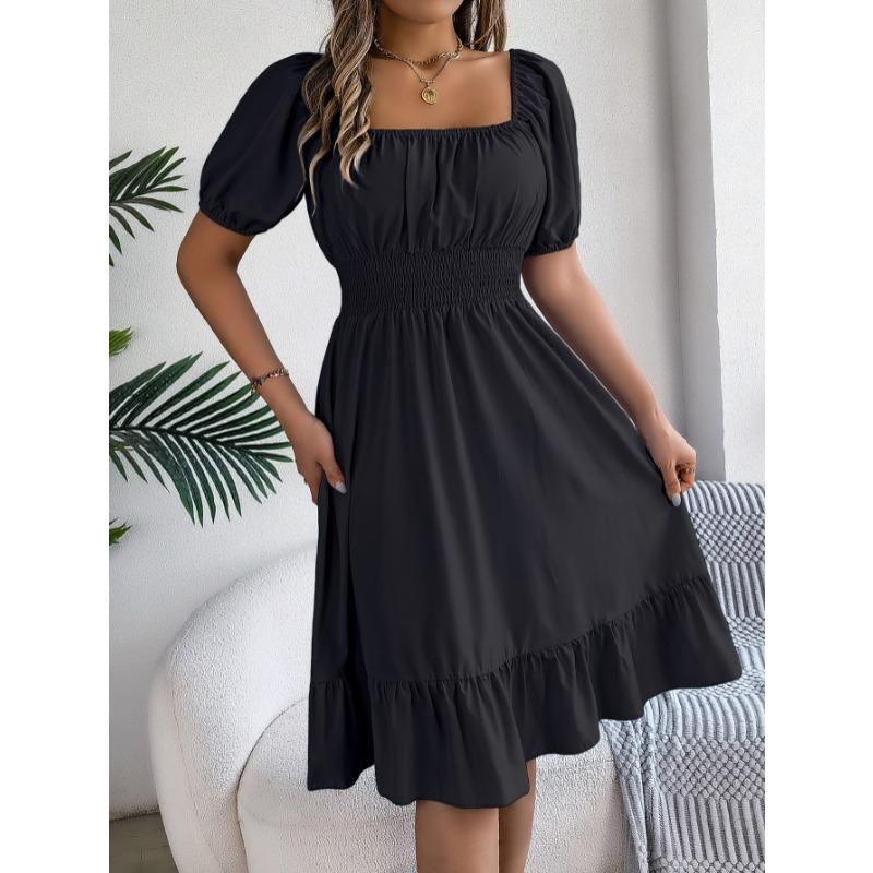 Summer Short Sleeve Square Collar Women Dress New Fashion Elegant Loose Casual Casual A-line Party Dresses Pleated Female Office Ruffled Clothing