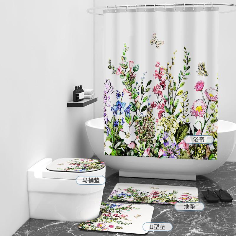 Fresh Twig Digital Printing Shower Curtain Shower Curtain Three-Piece Set Bathroom Curtain