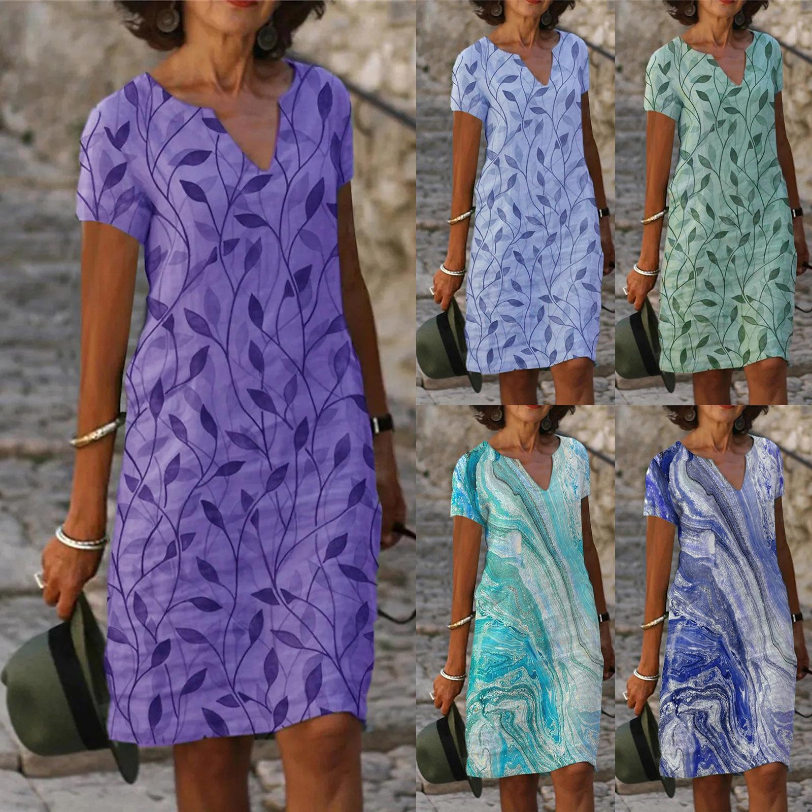 

Plus Size Summer Loose V-neck Digital Print Women s Dress Short Sleeve Casual Elegant Dresses S синій