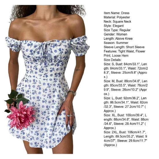 Women Dress Square Neck Elastic Vintage High Waist Pullover Refreshing Flower Print