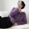 French small fragrant style imitation mink knitted cardigan women's autumn and winter temperament elegant round neck solid color double-breasted