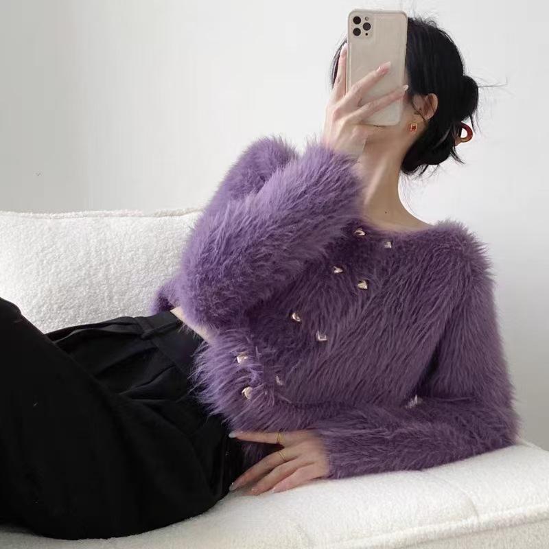 French small fragrant style imitation mink knitted cardigan women's autumn and winter temperament elegant round neck solid color double-breasted