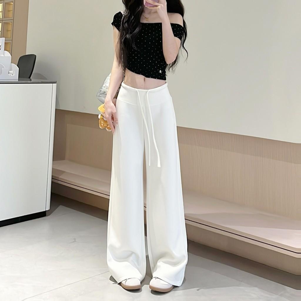 Space Cotton High Waist Drawstring Wide Leg Lounge Pants For Women With Pockets