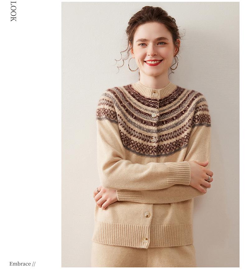 Women's Fair Isle Cashmere Button-Up Cardigan - Round Neck, Loose Fit, Thick, Autumn/Winter Style.