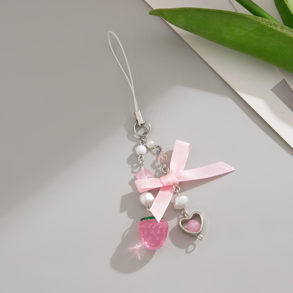 Cute Strap Bow Strawberry Pendant Mobile Phone Chain Bow Beaded Short Camera Pendant Keychain