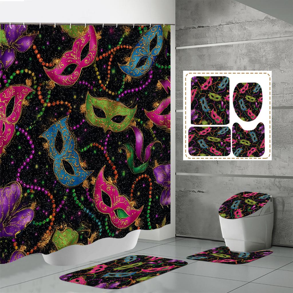 4PCS  Shower Curtain Sets With Shower Curtain And Rugs Toilet Lid Rug U Shape Mat And Bath Mat Bathroom Set  With 12 Hooks