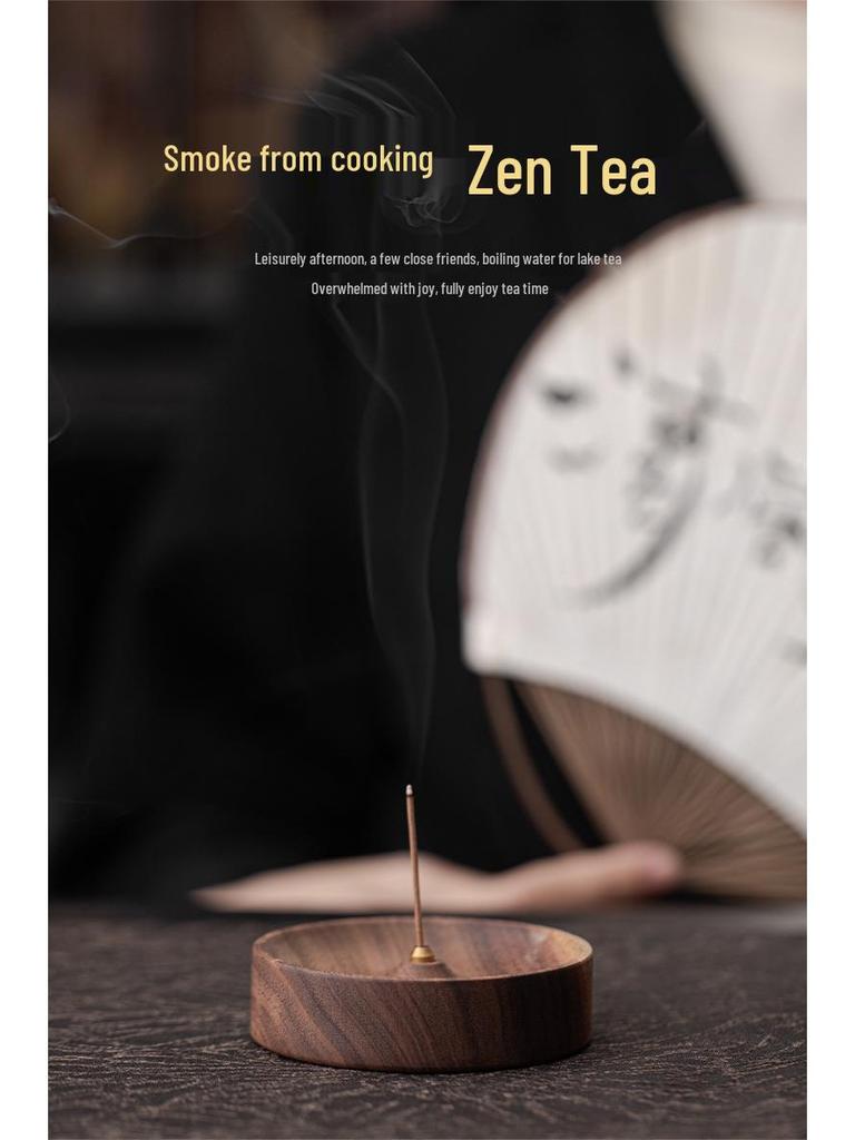 Zen Round North American Walnut Incense Holder with Agarwood Incense Sticks - Chinese Style Solid Wood Household Burner