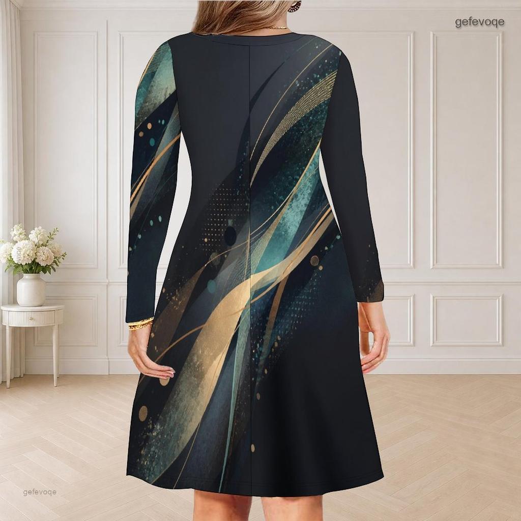 Damen Plus Size V-Ausschnitt Langarm Bunt gesprenkelt bedrucktes Kleid mit geschwungenem Saum